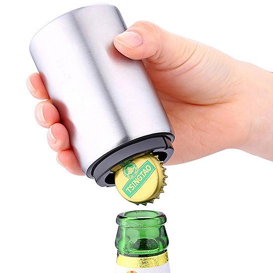 Tailgate Buddy Bottle Opener and Collector, featuring a sleek stainless steel design with a built-in magnet for cap collection, perfect for game nights.