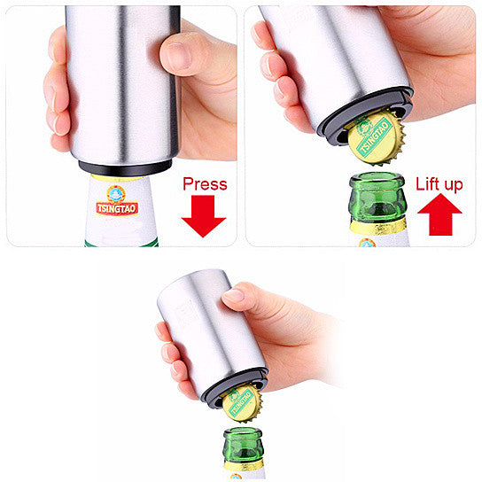 Tailgate Buddy Bottle Opener and Collector, featuring a sleek stainless steel design with a built-in magnet for cap collection, perfect for game nights.