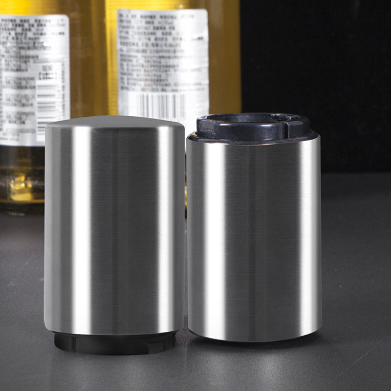 Tailgate Buddy Bottle Opener and Collector, featuring a sleek stainless steel design with a built-in magnet for cap collection, perfect for game nights.