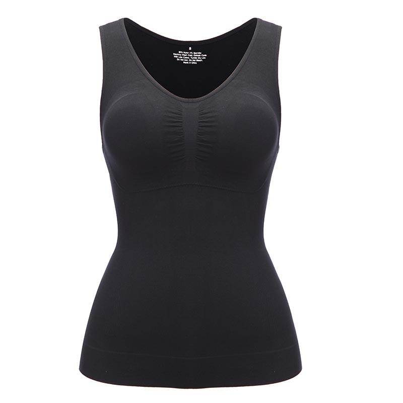 A stylish black tank top for women featuring a built-in padded shelf bra and wide straps, perfect for casual wear and active lifestyles.