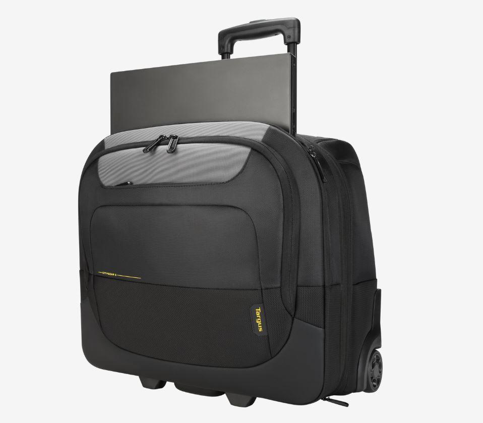 Targus CityGear III Horizontal Roller Laptop Case in black, designed for laptops up to 17.3 inches, featuring multiple compartments and a padded handle.