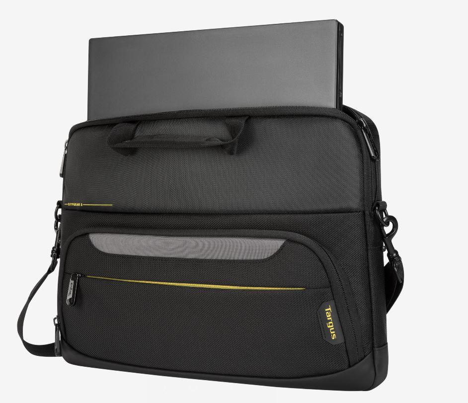 Targus 15.6' CityGear III SlimLit Laptop Case in black, showcasing its sleek design and padded shoulder strap.