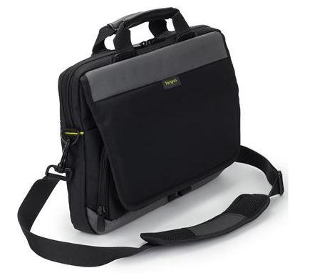 Targus 16'-17' CityGear Slim Topload Notebook Case in black, showcasing its sleek design and padded shoulder strap.