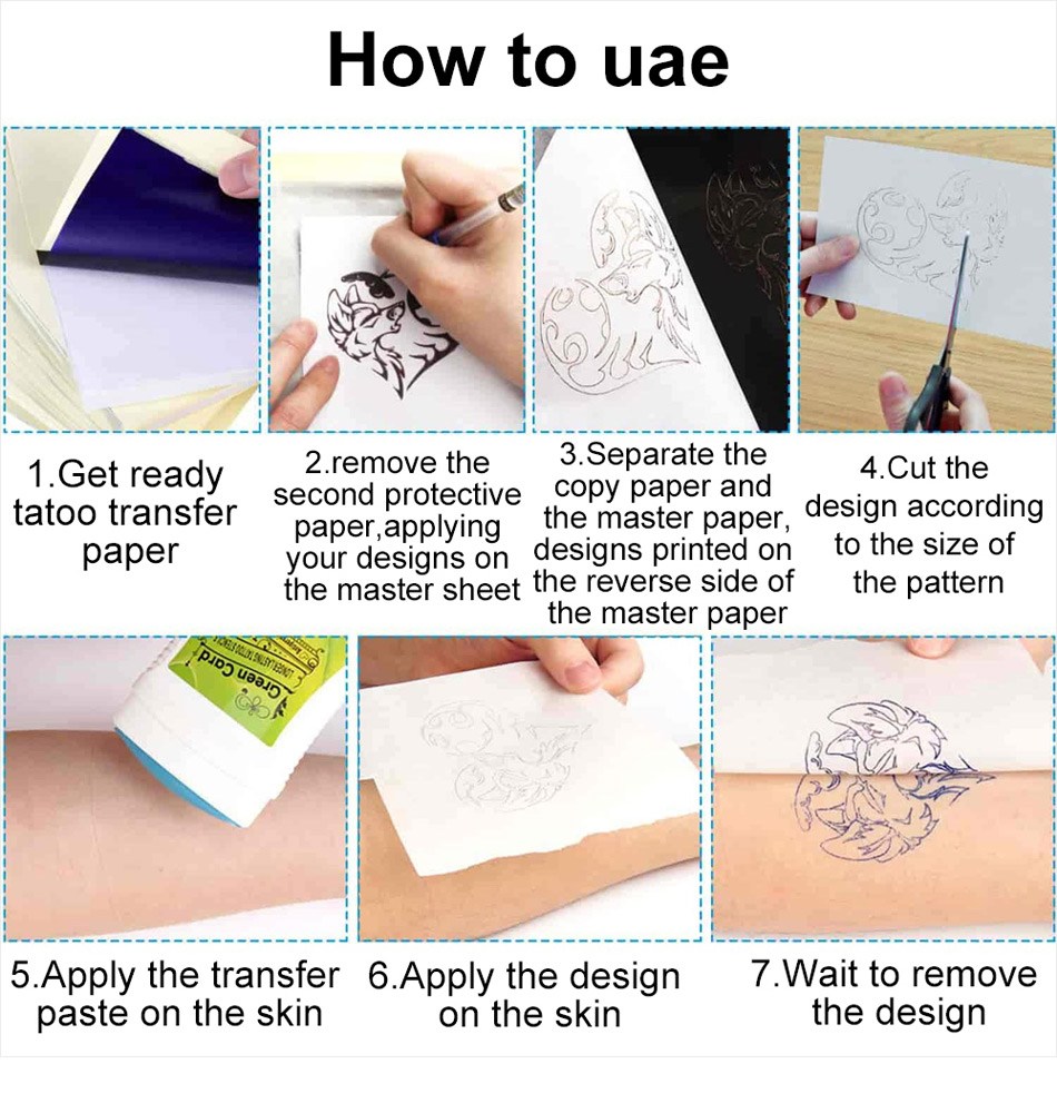 Tattoo Transfer Paper Stencil Carbon Thermal Tracing Hectograph Supplies Sheets displayed on a white background, showcasing its layers and size.