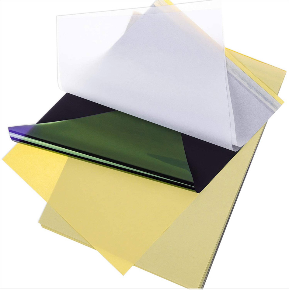 Tattoo Transfer Paper Stencil Carbon Thermal Tracing Hectograph Supplies Sheets displayed on a white background, showcasing its layers and size.