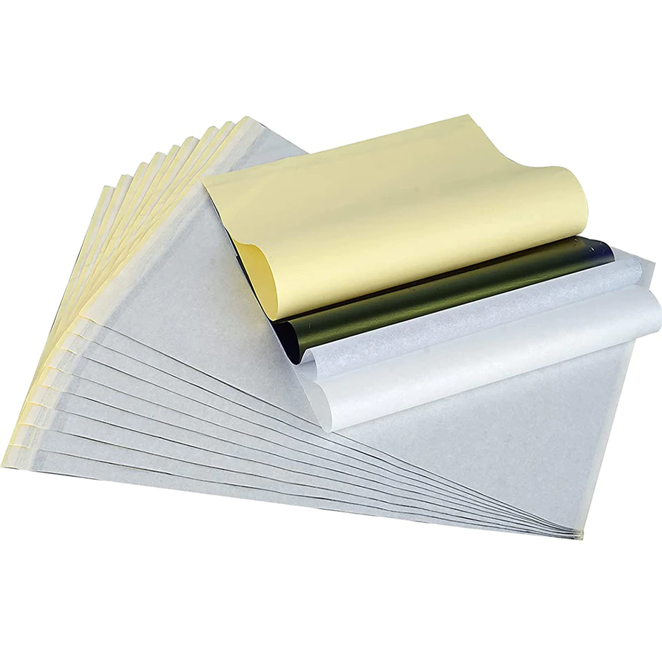Tattoo Transfer Paper Stencil Carbon Thermal Tracing Hectograph Supplies Sheets displayed on a white background, showcasing its layers and size.
