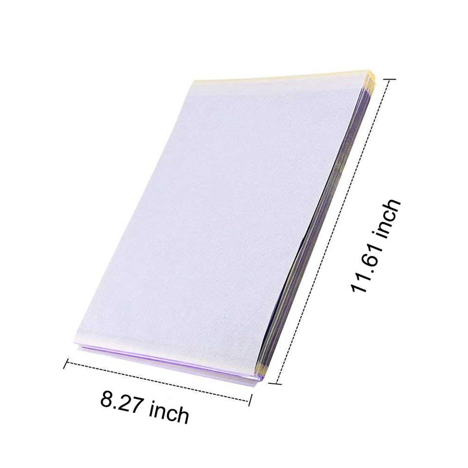 Tattoo Transfer Paper Stencil Carbon Thermal Tracing Hectograph Supplies Sheets displayed on a white background, showcasing its layers and size.