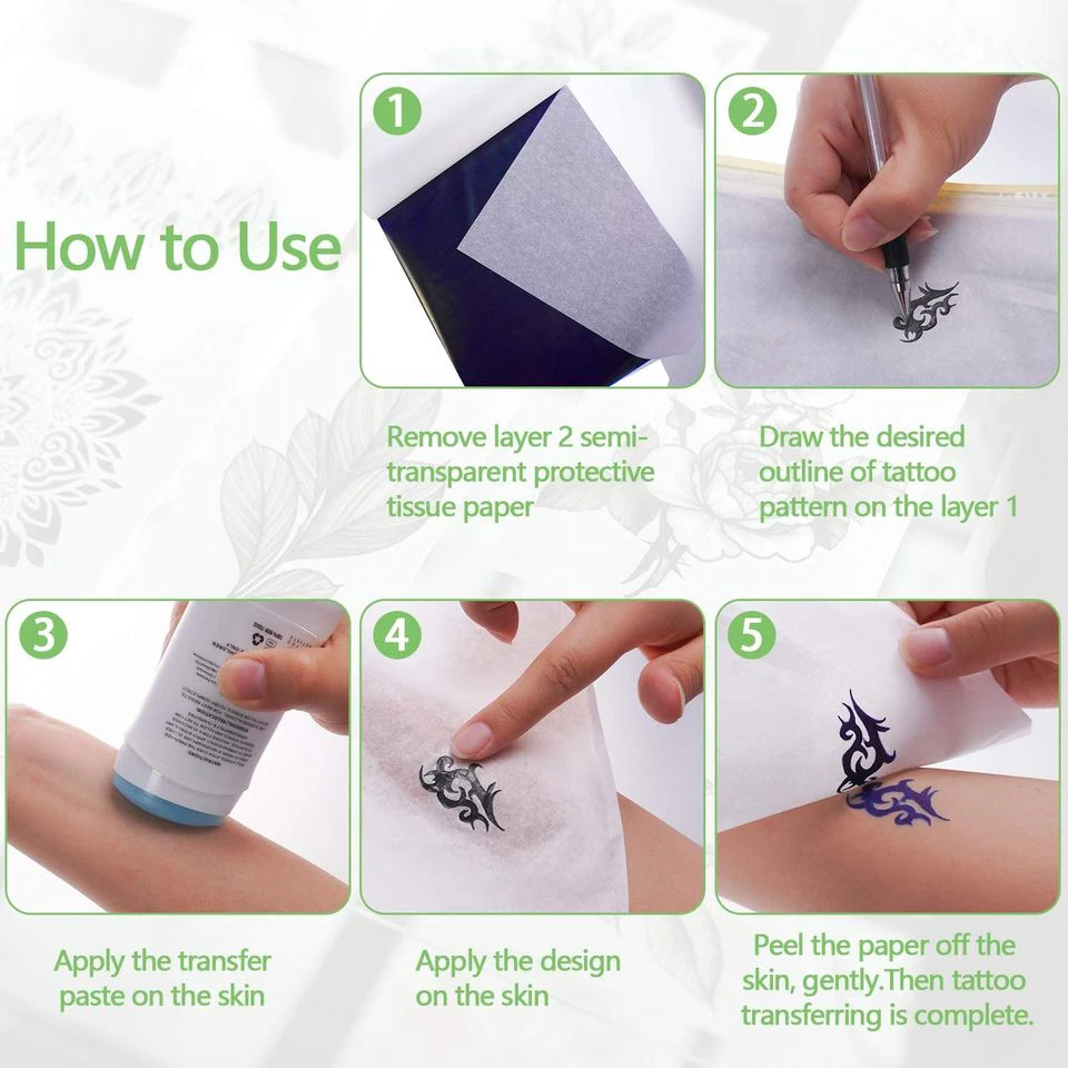 Tattoo Transfer Paper Stencil Carbon Thermal Tracing Hectograph Supplies Sheets displayed on a white background, showcasing its layers and size.