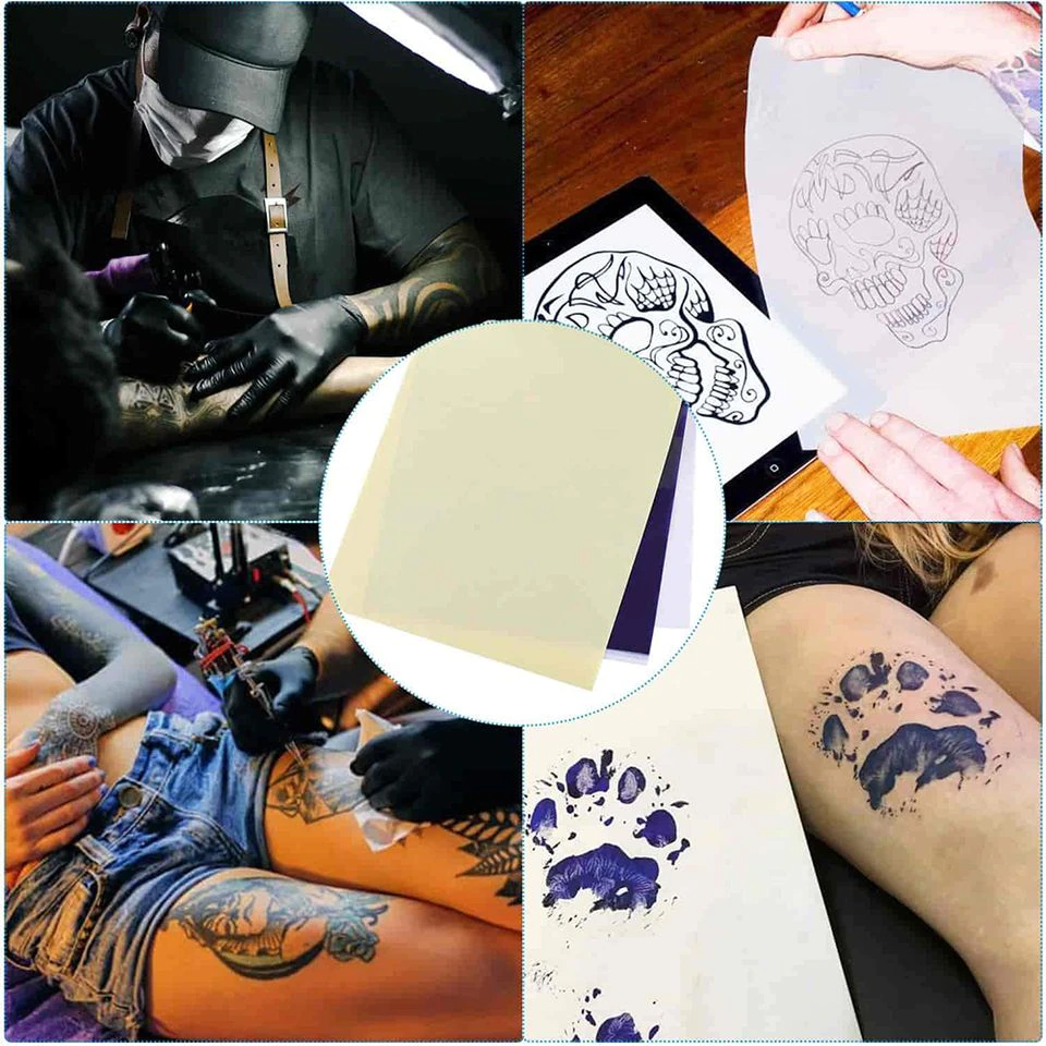 Tattoo Transfer Paper Stencil Carbon Thermal Tracing Hectograph Supplies Sheets displayed on a white background, showcasing its layers and size.