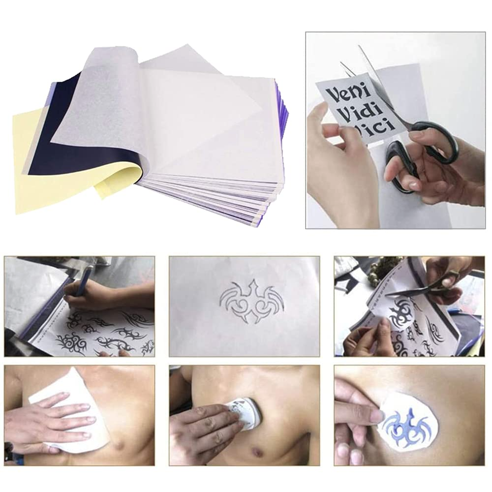Tattoo Transfer Paper Stencil Carbon Thermal Tracing Hectograph Supplies Sheets displayed on a white background, showcasing its layers and size.