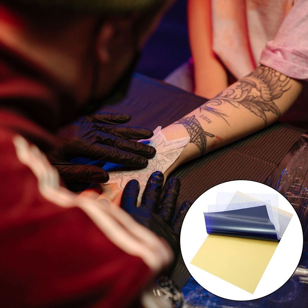Tattoo Transfer Paper Stencil Carbon Thermal Tracing Hectograph Supplies Sheets displayed on a white background, showcasing its layers and size.