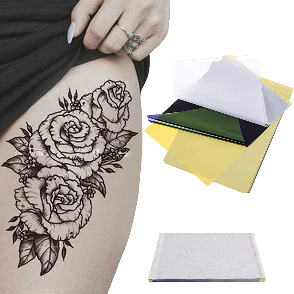 Tattoo Transfer Paper Stencil Carbon Thermal Tracing Hectograph Supplies Sheets displayed on a white background, showcasing its layers and size.