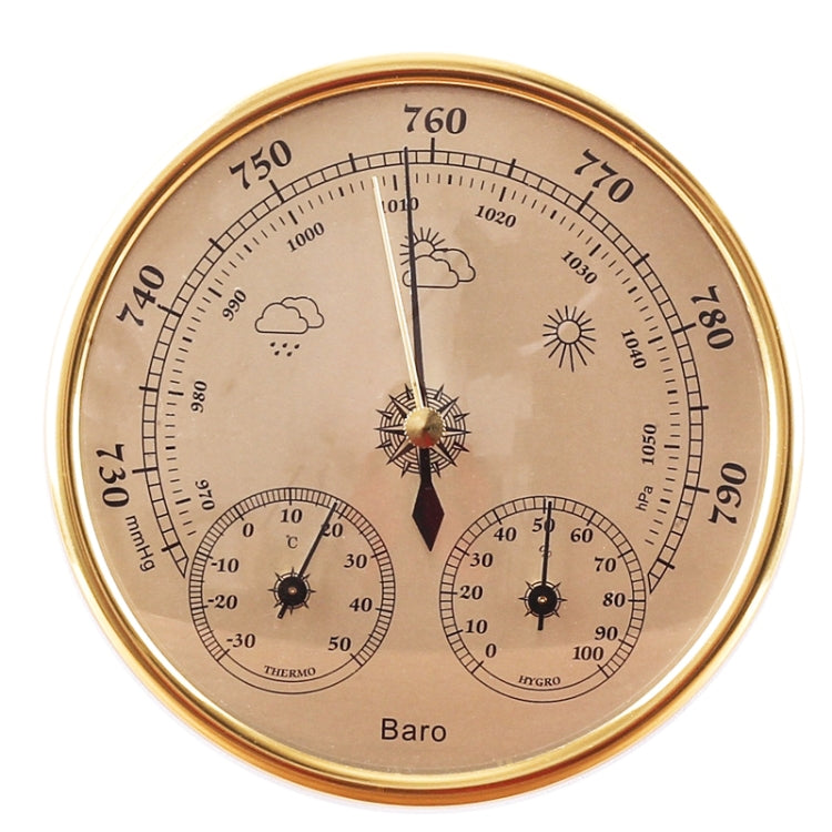 THB9392 Wall Hanging Weather Station displaying temperature, humidity, and atmospheric pressure with a stylish silver and gold design.