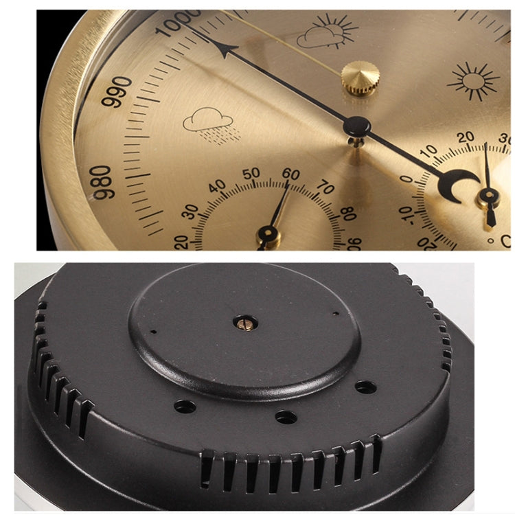 THB9392 Wall Hanging Weather Station displaying temperature, humidity, and atmospheric pressure with a stylish silver and gold design.