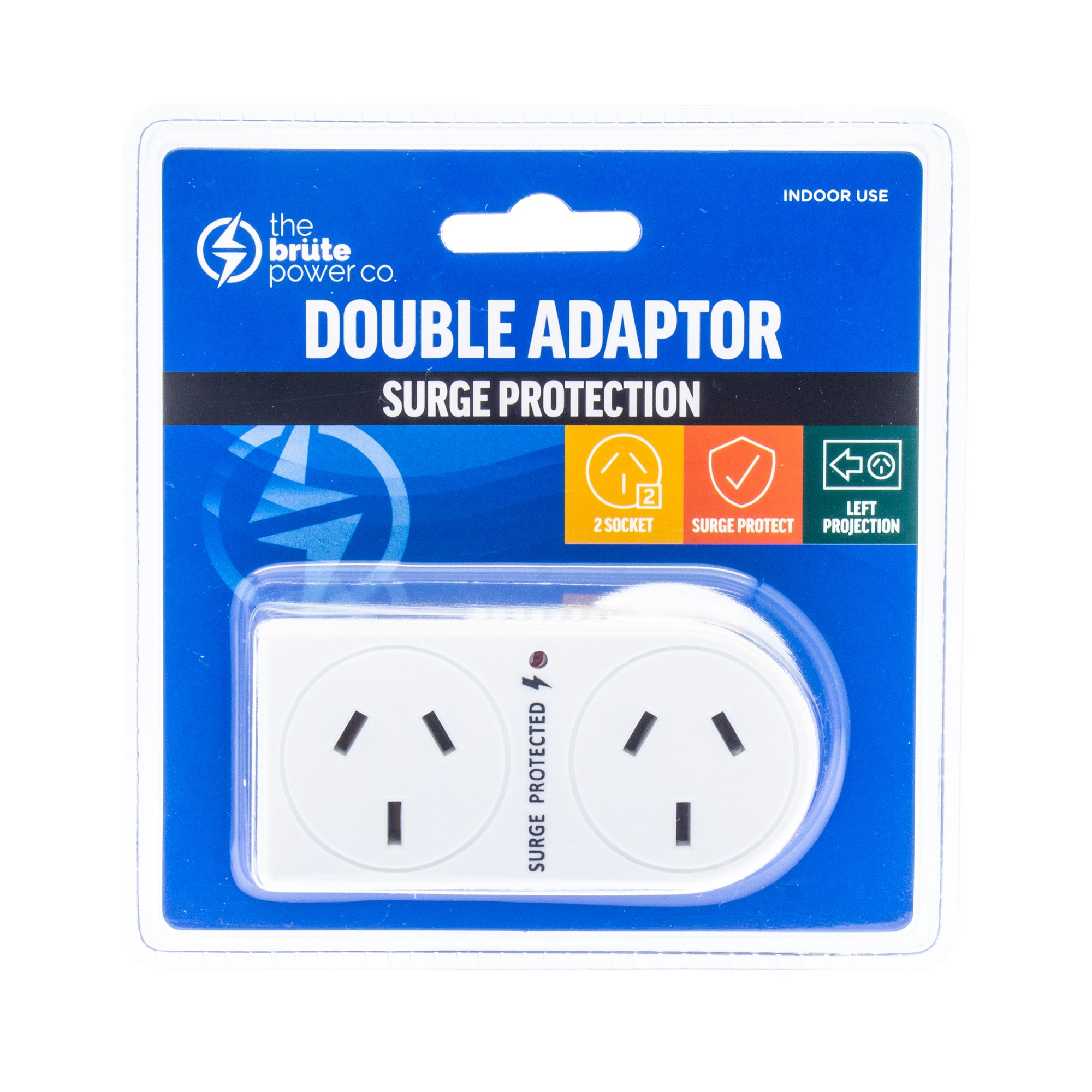 Brute Power Co. Double Adaptor with flat left projection and surge protection features.