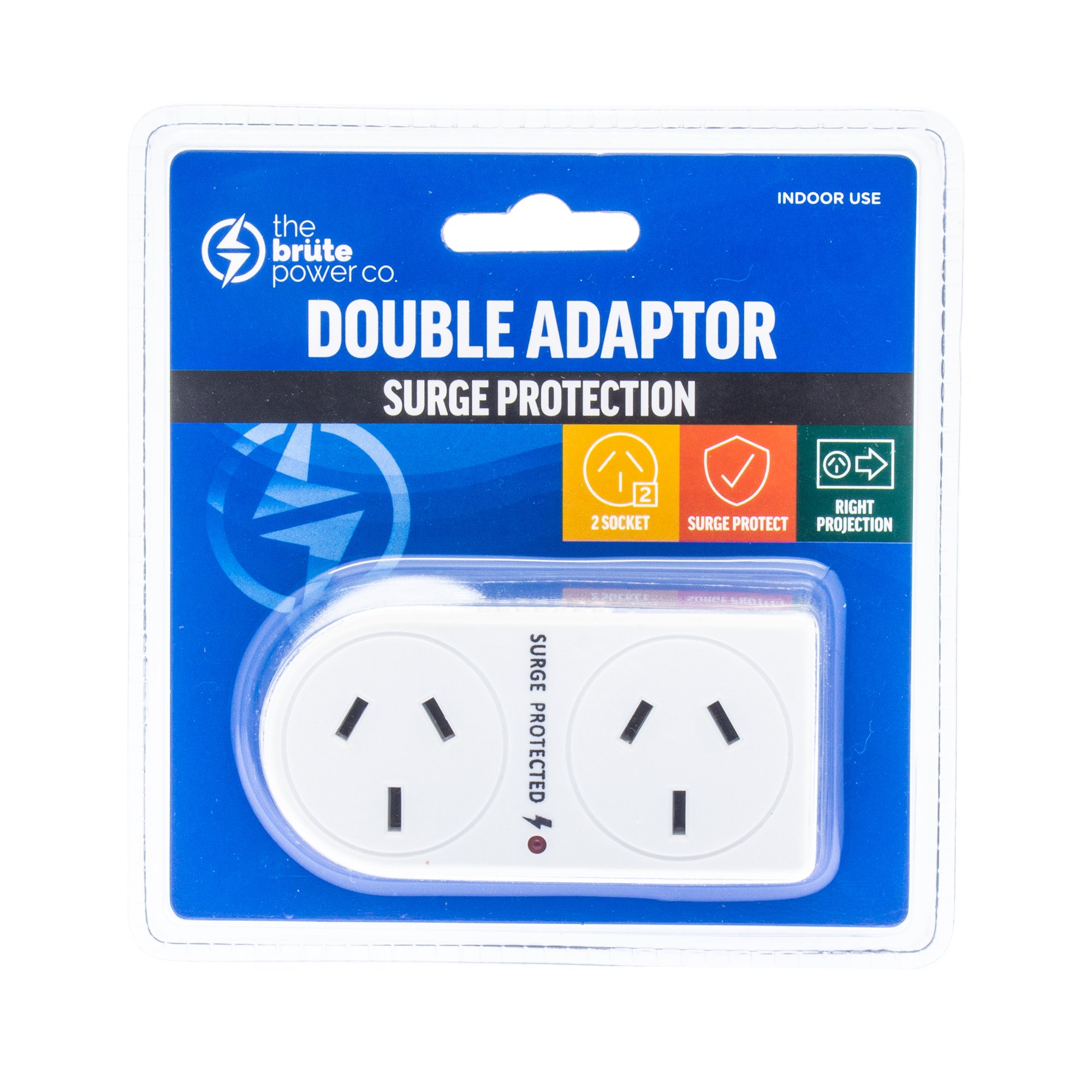 Brute Power Co. Double Adaptor with flat right projection and surge protection features, designed for dual device use.