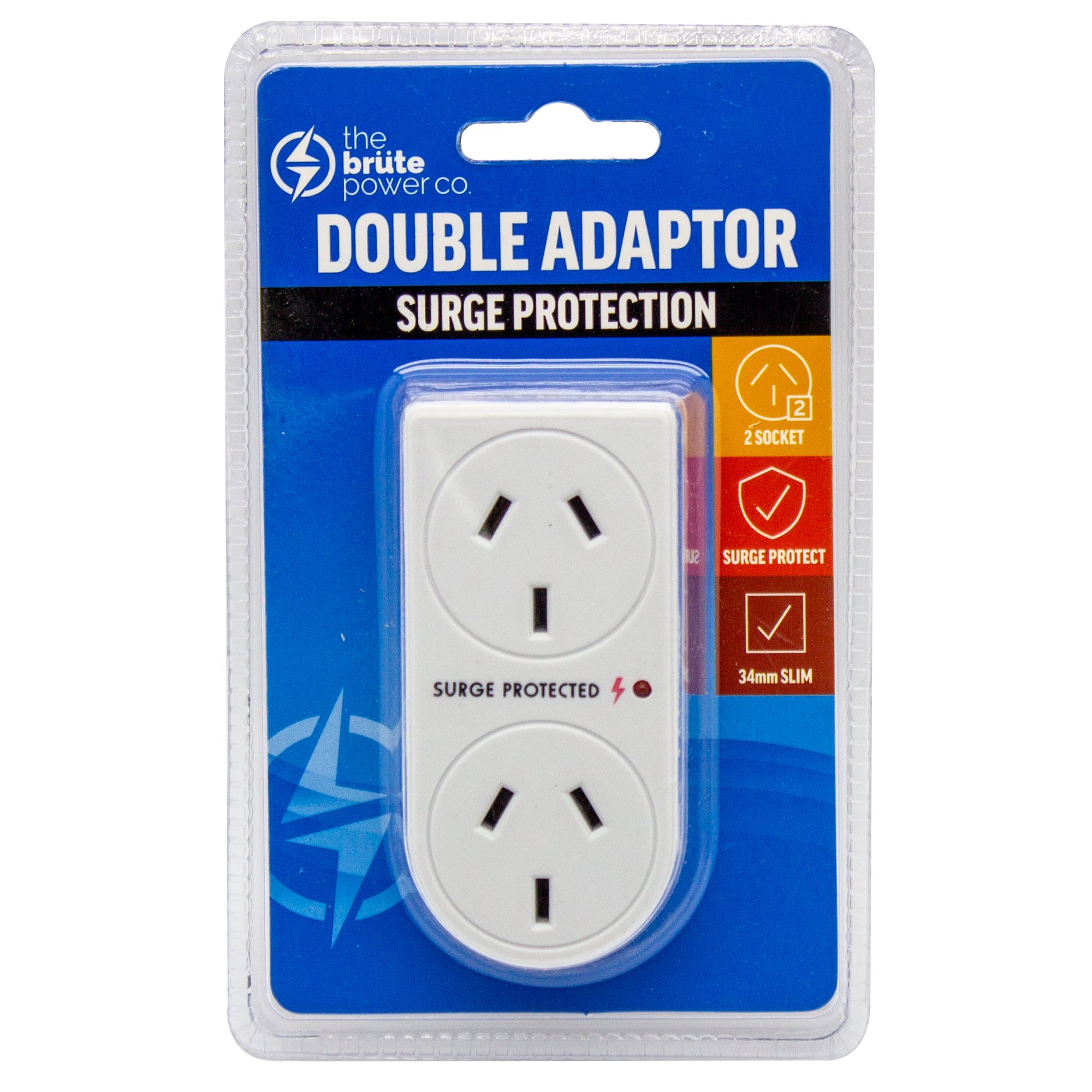 Brute Power Co. Double Adaptor with vertical design and surge protection, featuring two sockets for simultaneous device charging.