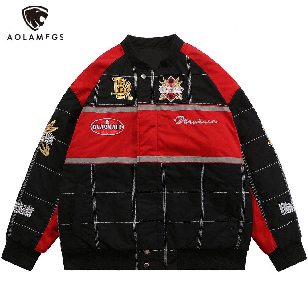 Men's thicken baseball jacket featuring plaid embroidery and a bomber coat design, perfect for winter streetwear.