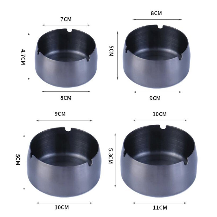 Thickened stainless steel ashtray with a sleek design, featuring a U-shaped groove for unburned cigarettes, available in multiple sizes.