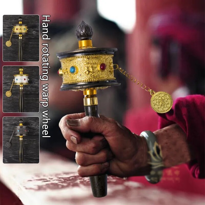 Tibetan Special Crafts Prayer Wheel made of alloy metal, featuring intricate carvings and available in gold, silver, and copper colors.