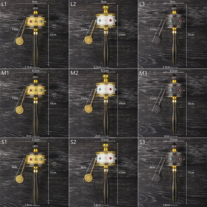 Tibetan Special Crafts Prayer Wheel made of alloy metal, featuring intricate carvings and available in gold, silver, and copper colors.