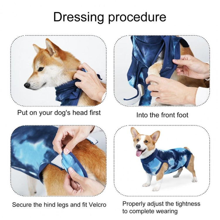 A colorful tie-dye dog postoperative outfit designed for comfort and protection, featuring an elastic neckline and cuttable openings for easy excretion.