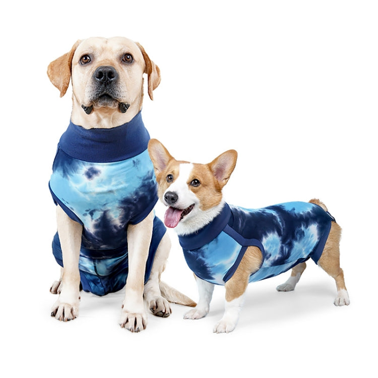 A colorful tie-dye postoperative outfit for dogs, featuring an elastic neckline and cuttable openings for comfort and convenience.