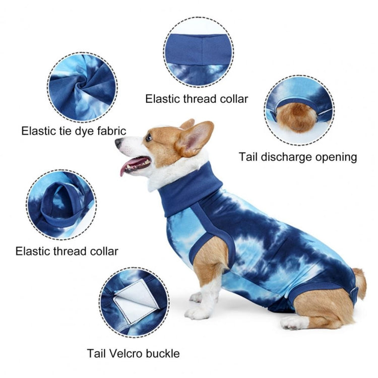 A colorful tie-dye postoperative outfit for dogs, featuring an elastic neckline and cuttable openings for comfort and convenience.