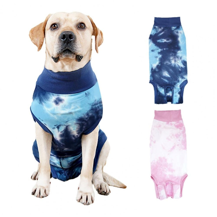 A colorful tie-dye dog postoperative outfit designed for comfort and protection, featuring an elastic neckline and cuttable openings for easy excretion.