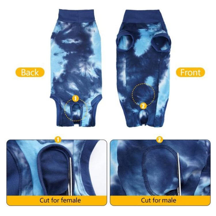 A colorful tie-dye dog postoperative outfit designed for comfort and protection, featuring an elastic neckline and cuttable openings for easy excretion.