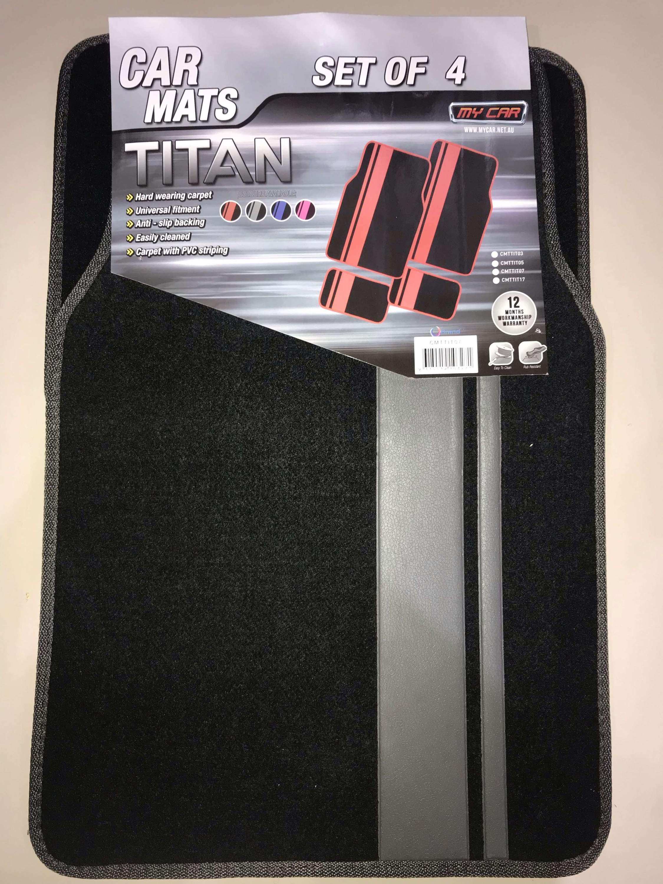 TITAN 4-Piece Car Mat set in grey, featuring durable carpet material and anti-slip backing for vehicle protection.