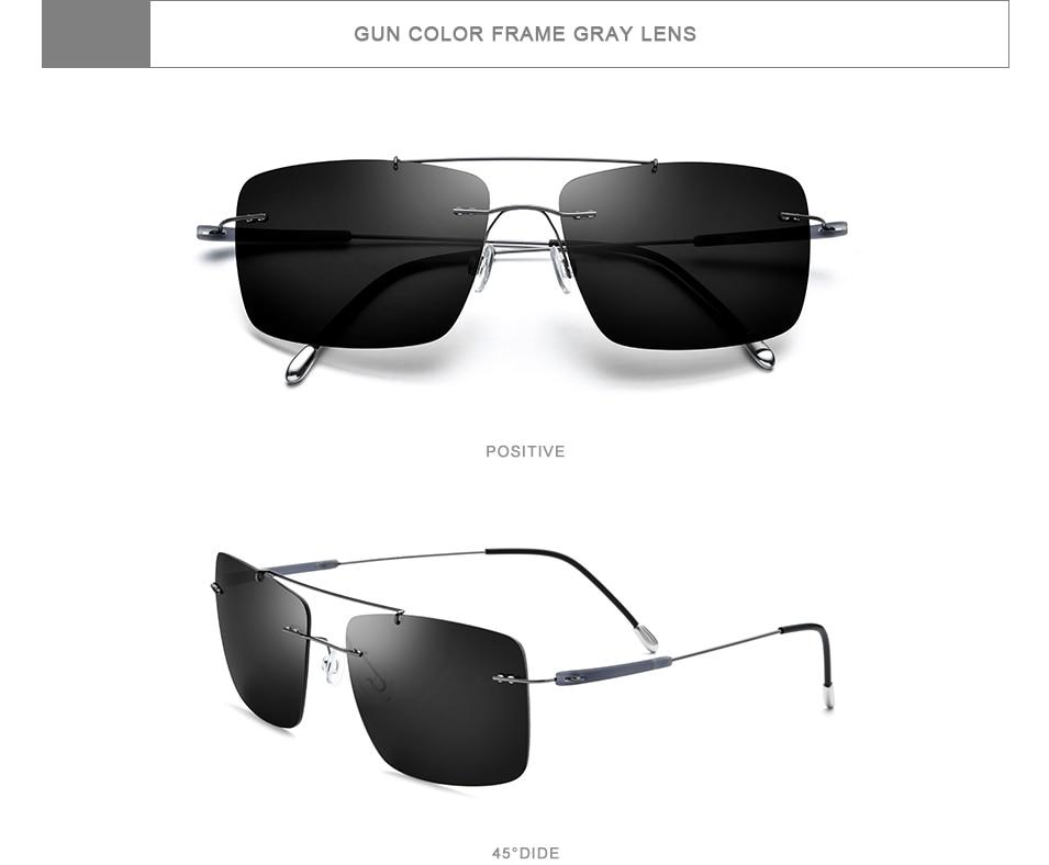 Titanium Alloy TR90 Rimless Sunglasses for men, featuring a sleek square design and polarized lenses for sun protection.