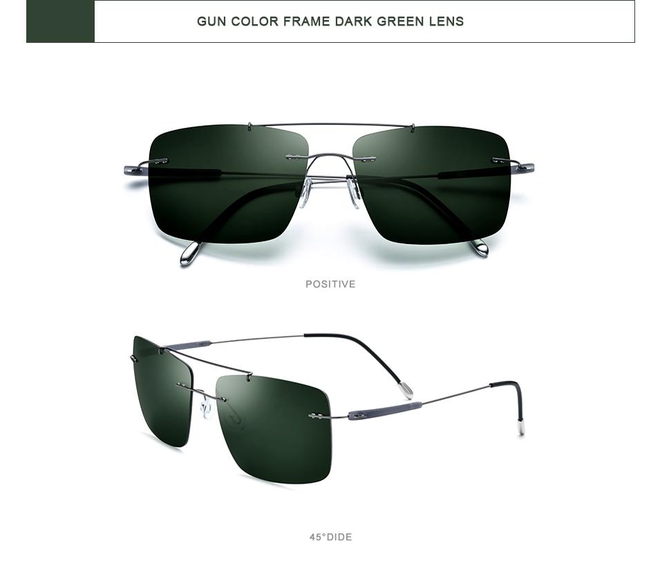 Titanium Alloy TR90 Rimless Sunglasses for men, featuring a sleek square design and polarized lenses for sun protection.