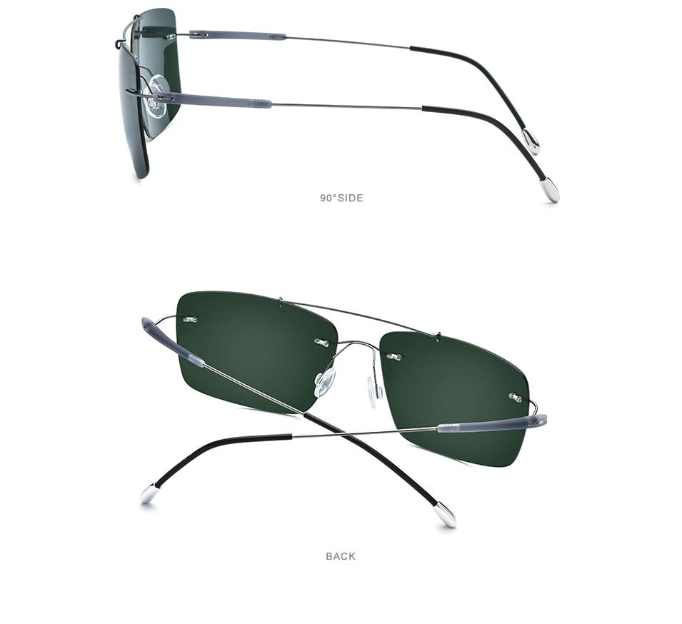 Titanium Alloy TR90 Rimless Sunglasses for men, featuring a sleek square design and polarized lenses for sun protection.