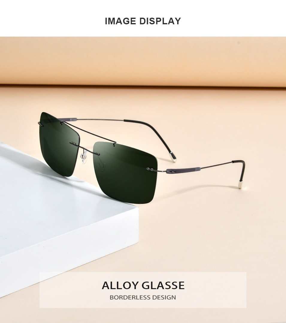 Titanium Alloy TR90 Rimless Sunglasses for men, featuring a sleek square design and polarized lenses for sun protection.