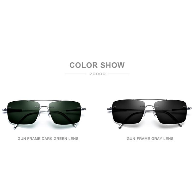 Titanium Alloy TR90 Rimless Sunglasses for men, featuring a sleek square design and polarized lenses for sun protection.