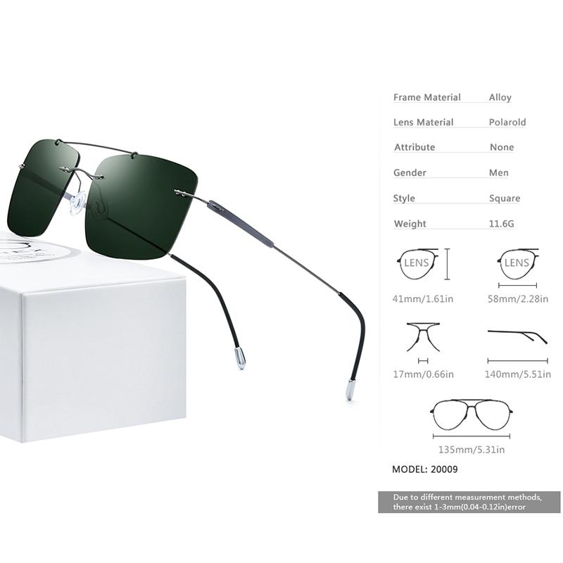 Titanium Alloy TR90 Rimless Sunglasses for men, featuring a sleek square design and polarized lenses for sun protection.