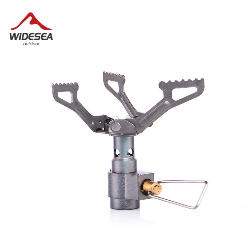 A compact Titanium Mini Gas Burner camping stove, showcasing its lightweight design and portable features, ideal for outdoor cooking.