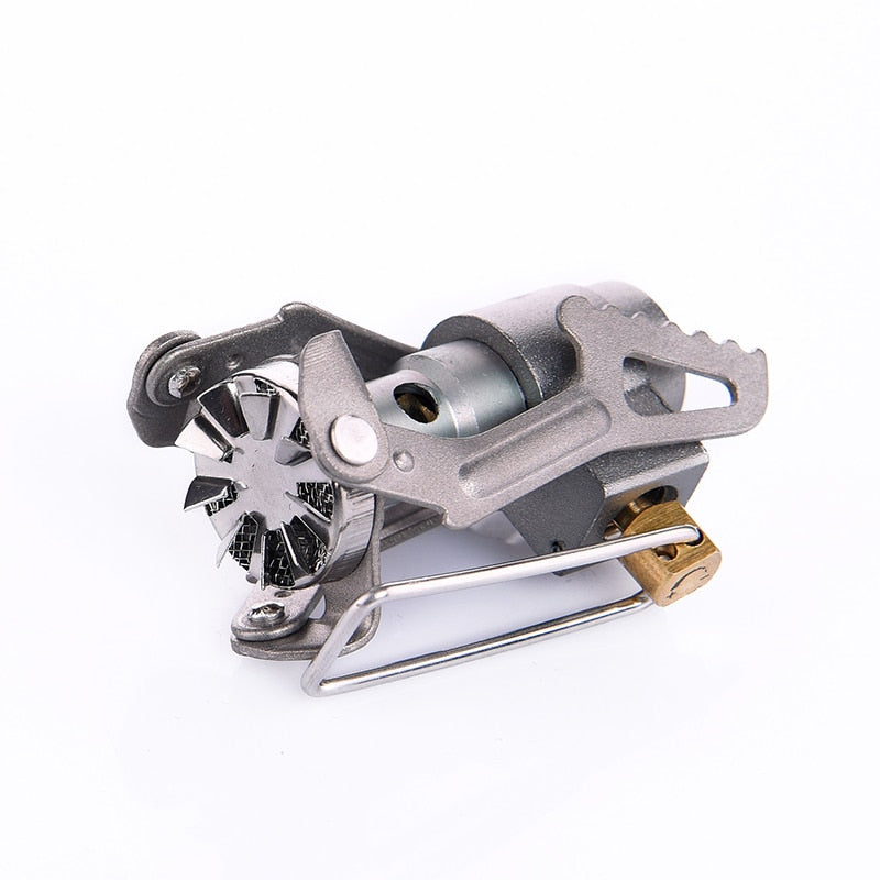 A compact Titanium Mini Gas Burner camping stove, showcasing its lightweight design and portable features, ideal for outdoor cooking.