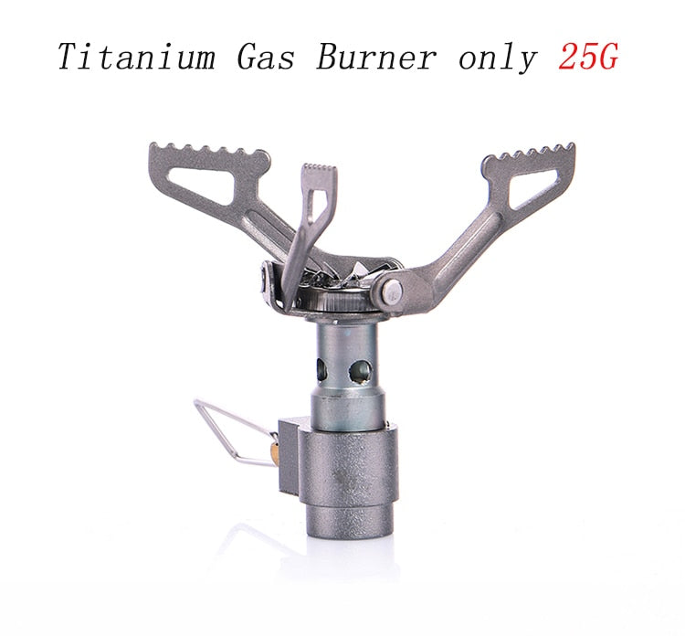 A compact Titanium Mini Gas Burner camping stove, showcasing its lightweight design and portable features, ideal for outdoor cooking.
