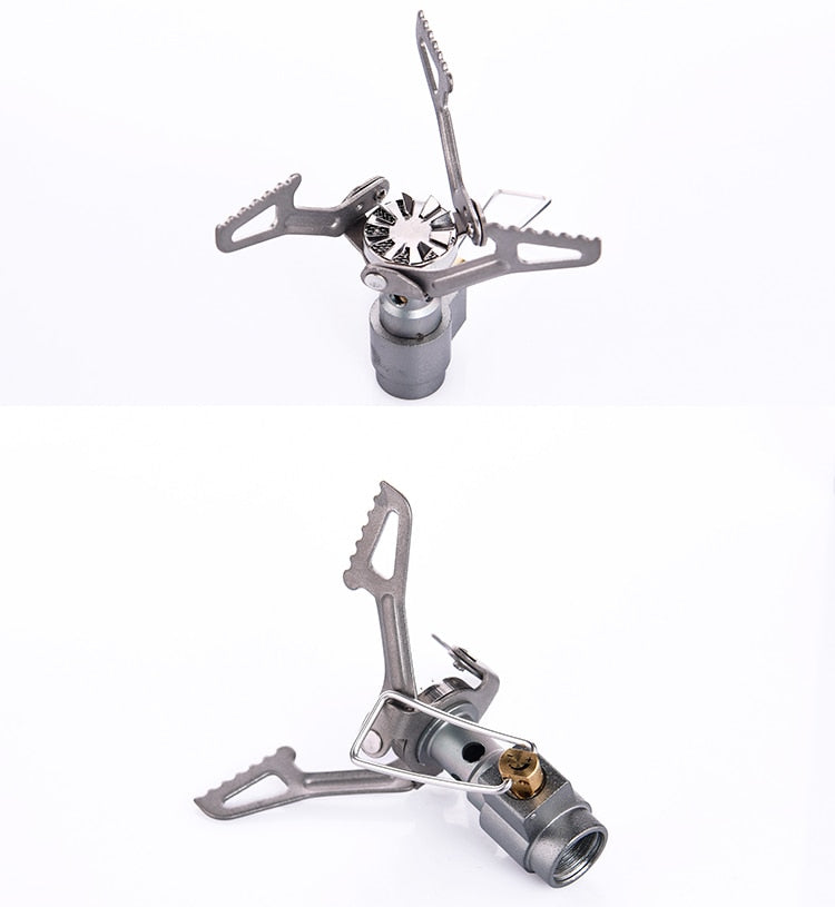 A compact Titanium Mini Gas Burner camping stove, showcasing its lightweight design and portable features, ideal for outdoor cooking.