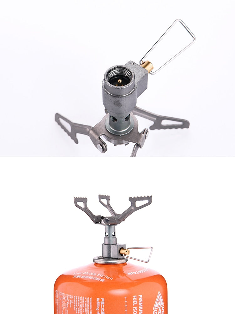 A compact Titanium Mini Gas Burner camping stove, showcasing its lightweight design and portable features, ideal for outdoor cooking.