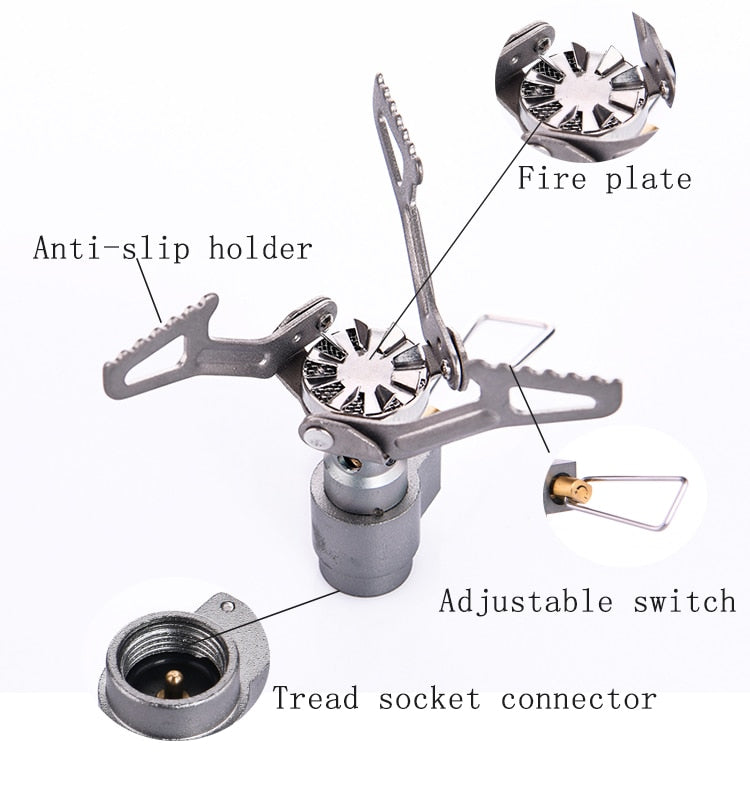 A compact Titanium Mini Gas Burner camping stove, showcasing its lightweight design and portable features, ideal for outdoor cooking.