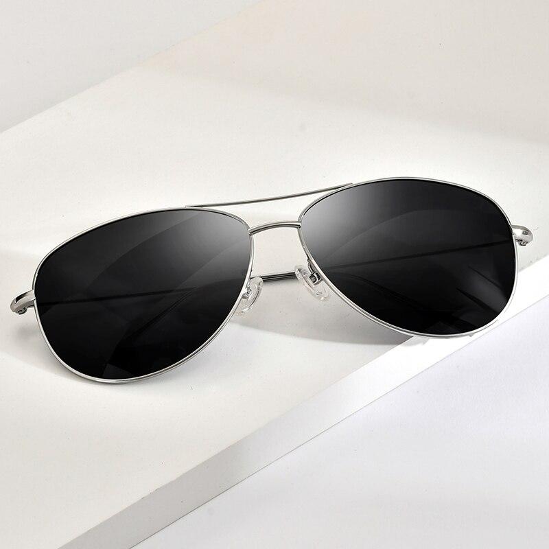A pair of men's titanium polarized aviator sunglasses with UV400 protection, featuring a sleek design and lightweight frame.
