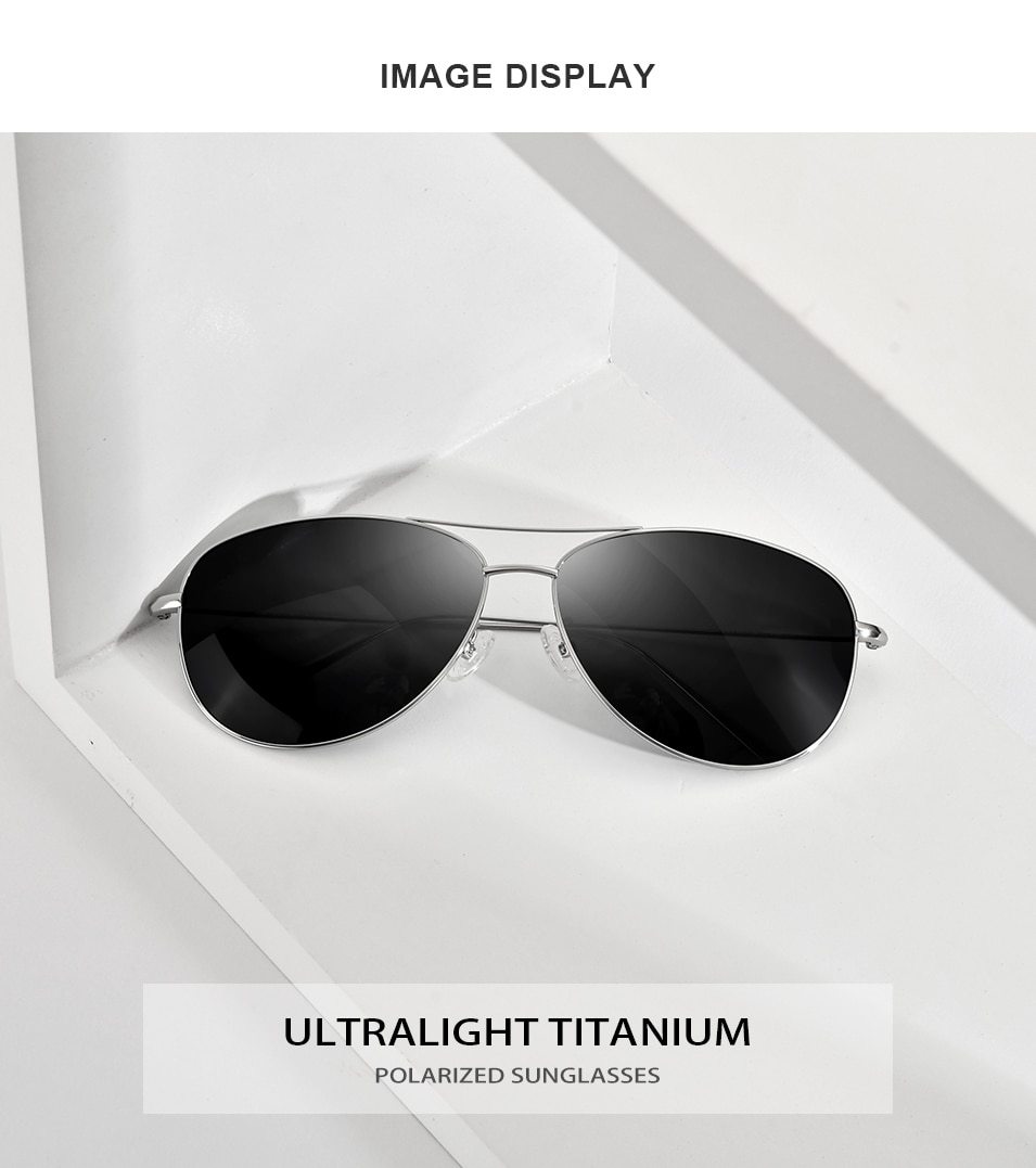 A pair of men's titanium polarized aviator sunglasses with UV400 protection, featuring a sleek design and lightweight frame.