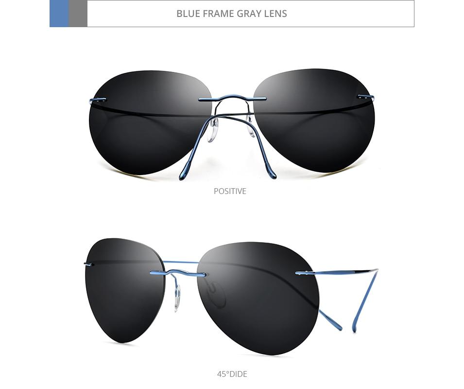 A pair of stylish titanium rimless sunglasses for men, featuring a frameless design and polarized lenses, perfect for outdoor activities.