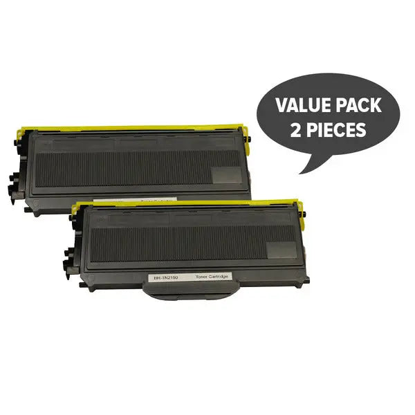 Two TN-2150 Premium Generic Toner cartridges compatible with Brother printers, showcasing their sleek design and packaging.