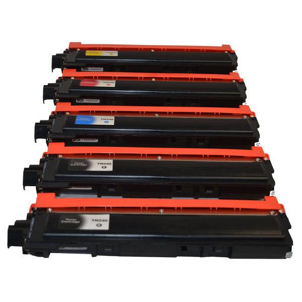 TN-240 Series Generic Toner Set PLUS featuring five premium cartridges for Brother printers, including black, cyan, magenta, and yellow.