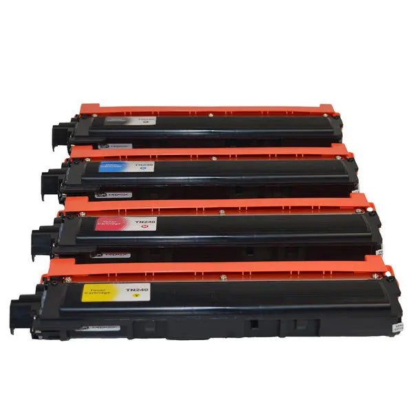 TN-240 Series Generic Toner Set featuring four cartridges: black, cyan, magenta, and yellow, designed for high-quality printing.