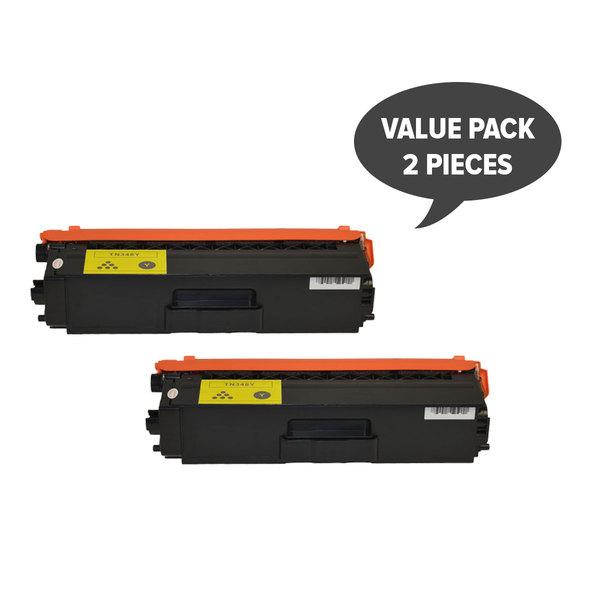 Set of two TN-348 Yellow Super High Yield toner cartridges, designed for high-volume printing with vibrant color output.